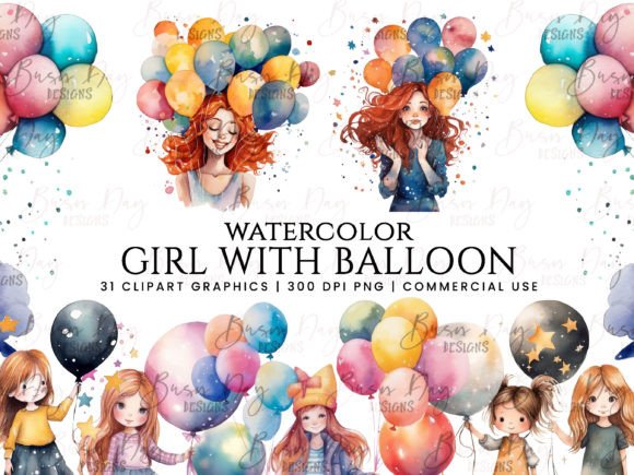 Download Watercolor Girl with Balloons Clipart - Girl with balloons Collection
