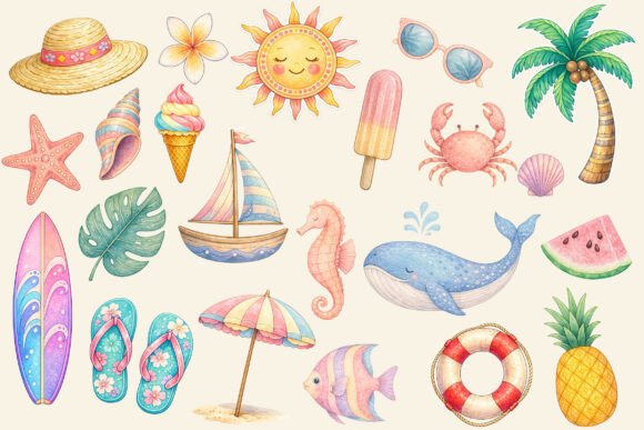 Download Pastel Watercolor Summer Clipart Set - Summer clipart set Collection